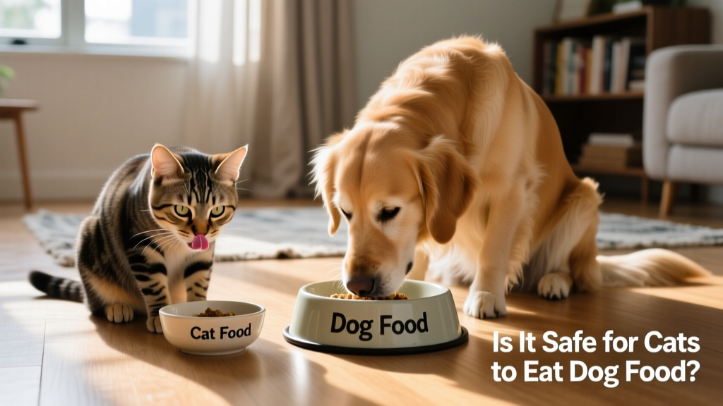 A cat and a dog eat from separate bowls placed side by side