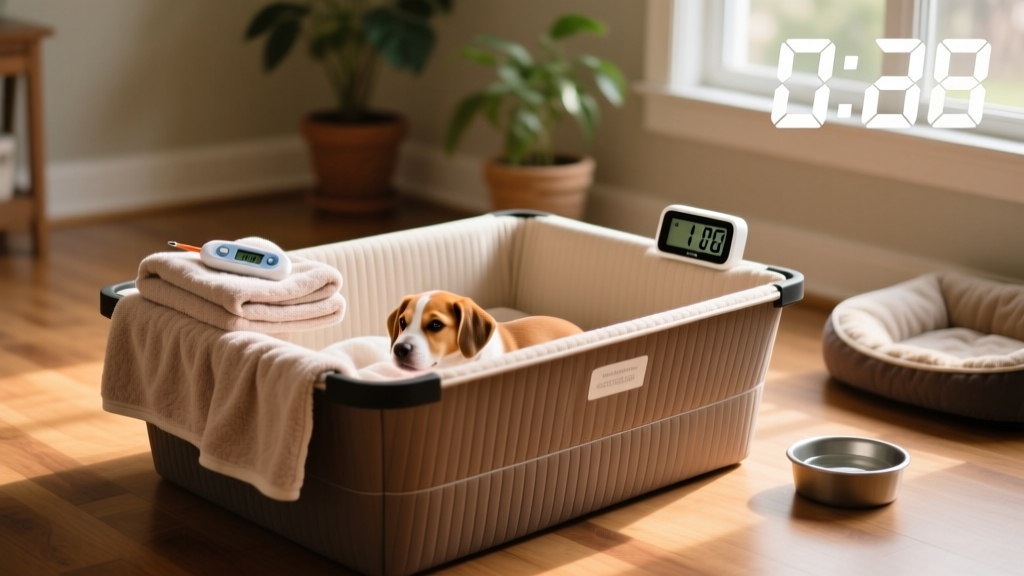 Clean, organized whelping setup with lined box, towels, thermometer, and digital clock visible