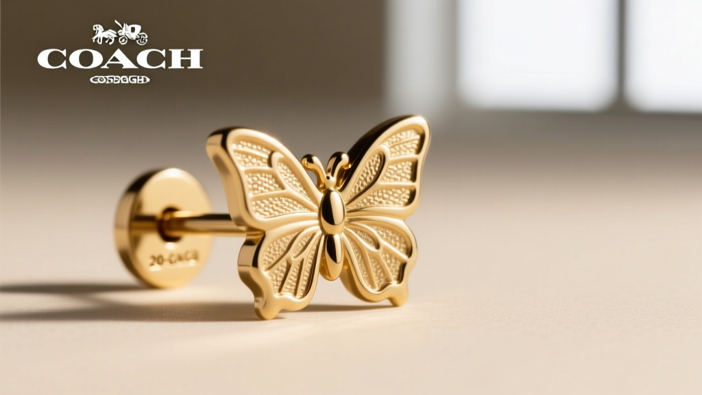 Macro shot of a Coach earring butterfly backing showing the stamped copyright logo and 20-gauge gold-tone brass post thickness.