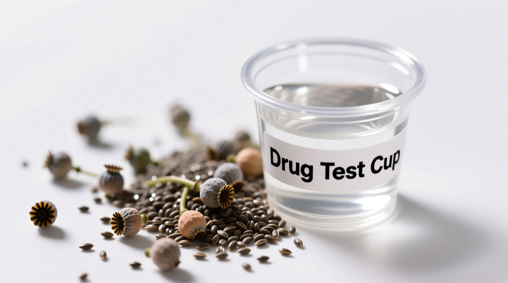 Poppy seeds on white background with drug test cup