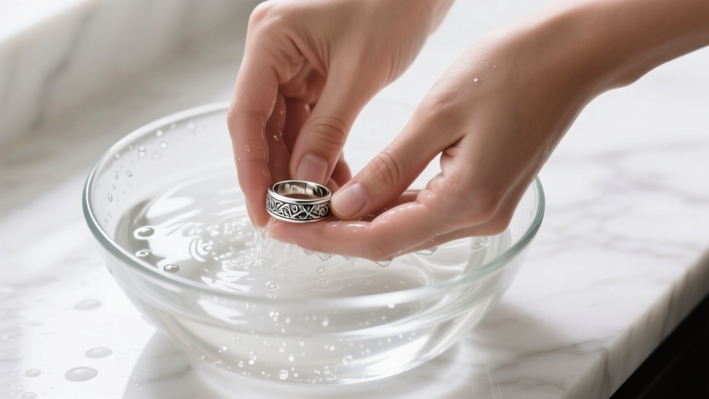 Hands washing a silver-plated Brighton ring in a glass bowl of lukewarm soapy water, avoiding harsh chemicals and stiff brushes.