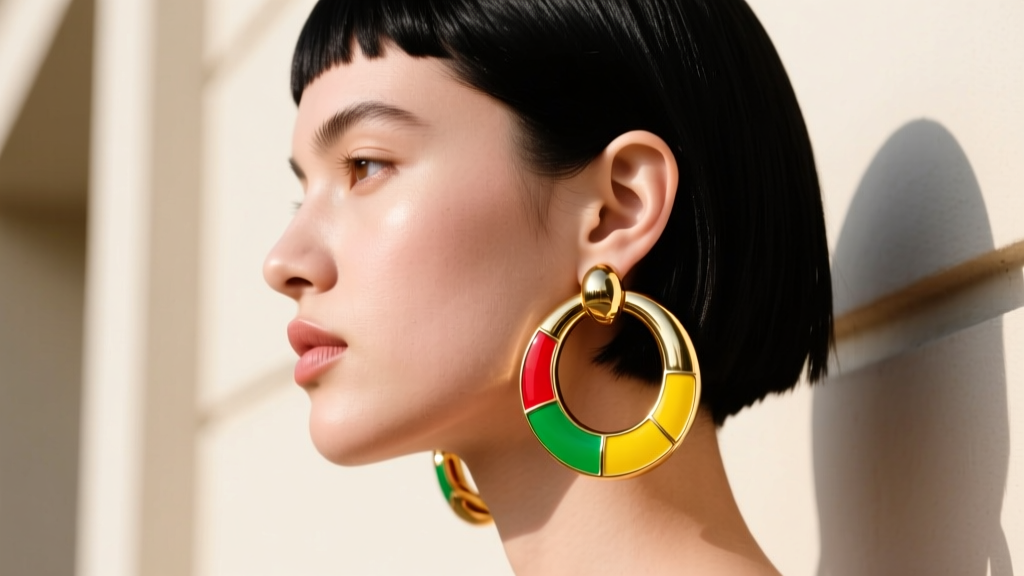 Side profile of a model with short hair wearing oversized gold creole hoop earrings with red, green, and yellow enamel accents