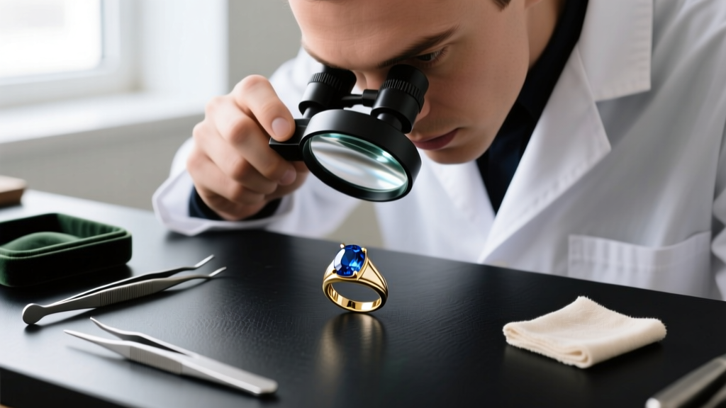 Jeweler using a 10x loupe to inspect a custom 18k white gold ring with an oval sapphire bezel setting on a dark workbench