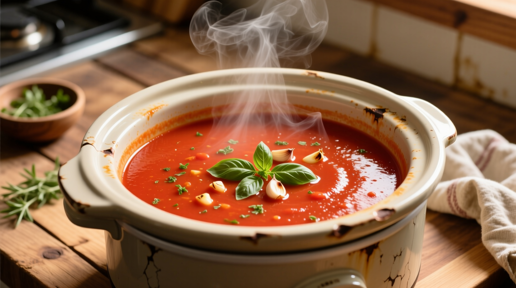 Slow cooker filled with vibrant red tomato soup
