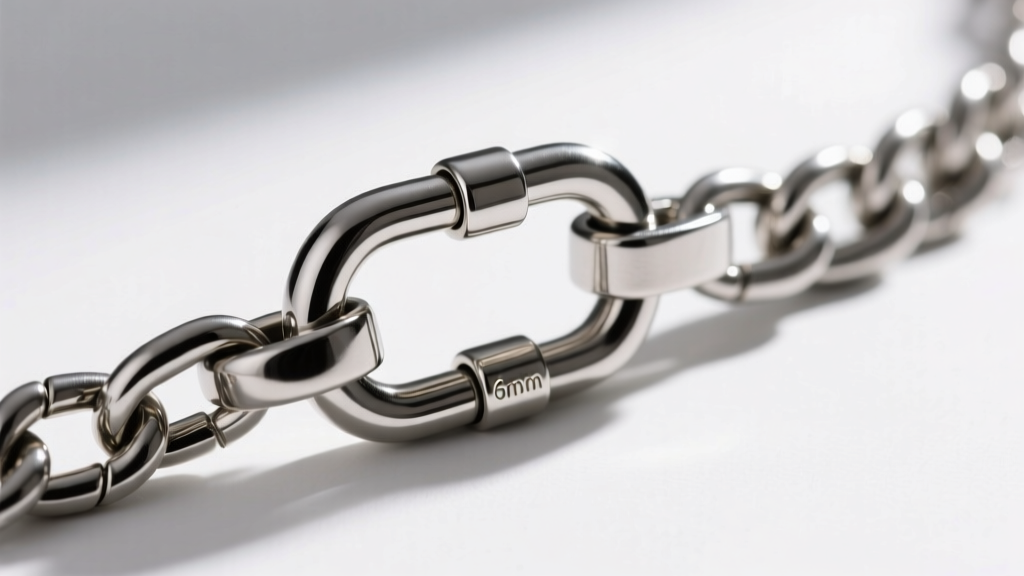 Side view of a heavy-duty locking lobster clasp on a 6mm steel Figaro chain, highlighting the reinforced jump ring connection