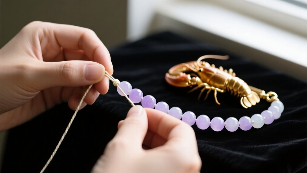 Jeweler restringing pale lavender jade bead necklace using traditional knotted silk thread with a gold lobster clasp in background