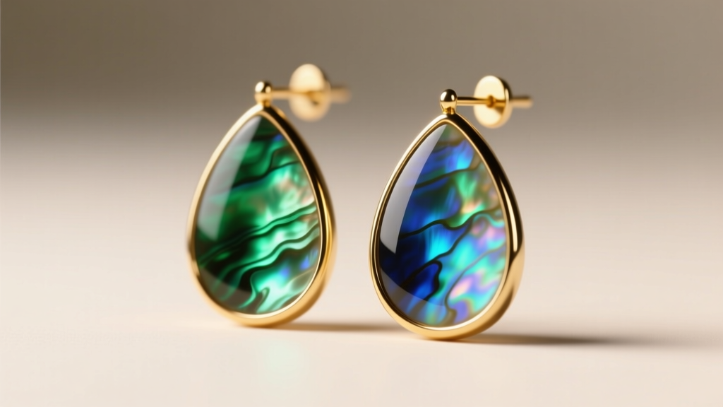 Macro shot of teardrop abalone drop earrings in gold bezels, showing vibrant green and blue iridescent nacre under warm lighting.