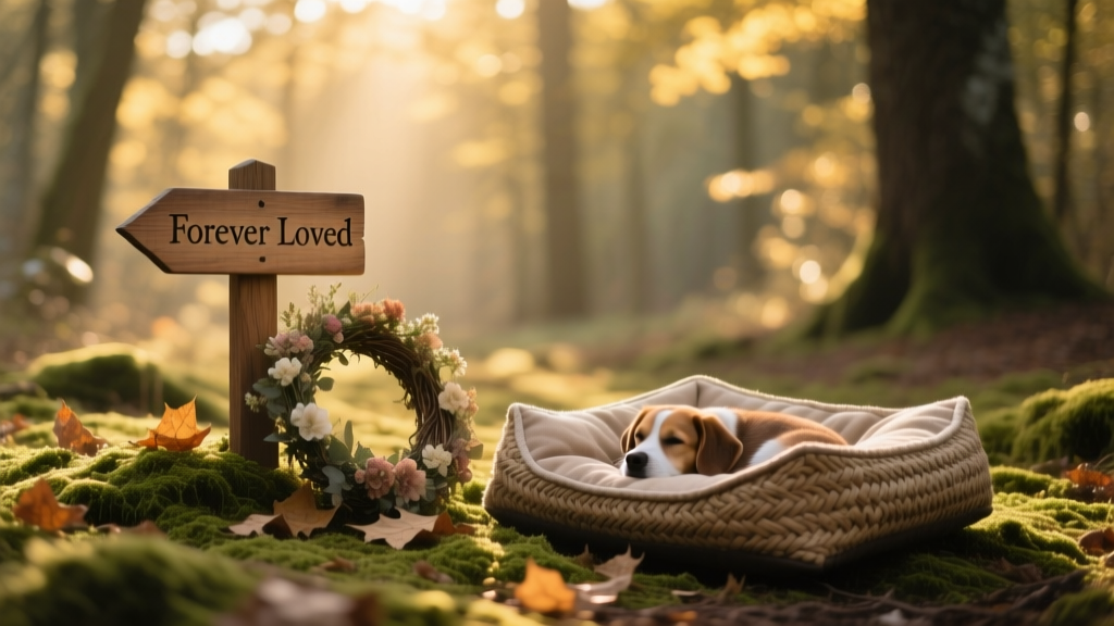 A peaceful, shaded woodland clearing with soft moss and dappled sunlight—ideal for a quiet pet burial site