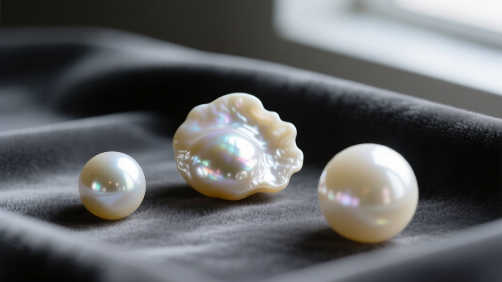 Macro shot of three pearls: a baroque freshwater, a round Akoya, and a cream Hanadama pearl resting on dark grey velvet cloth