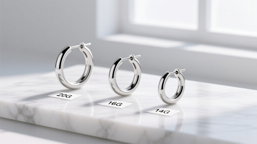 Three silver hoop earrings in 20, 16, and 14-gauge thicknesses resting on white marble next to small printed measurement labels.
