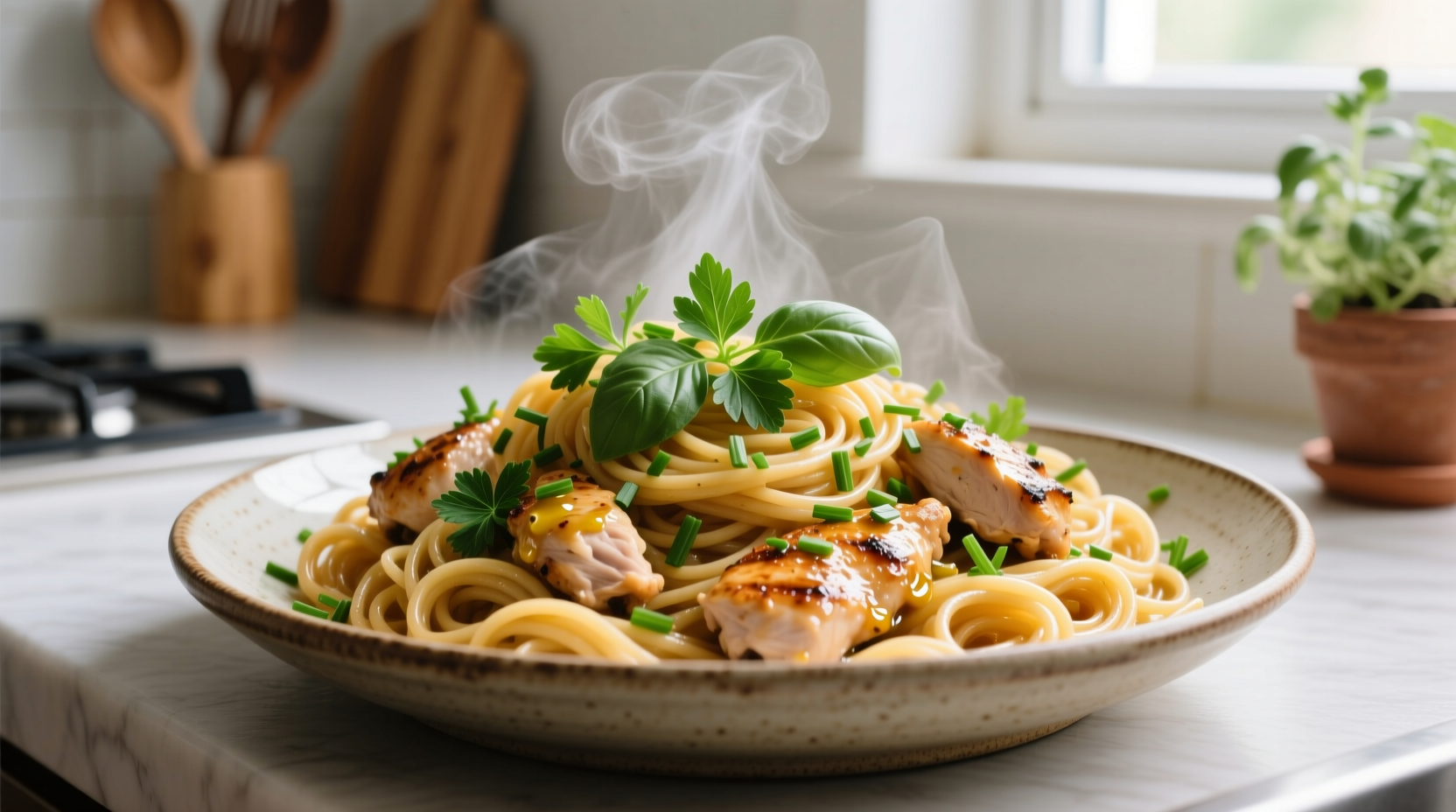 Freshly cooked chicken spaghetti with herbs