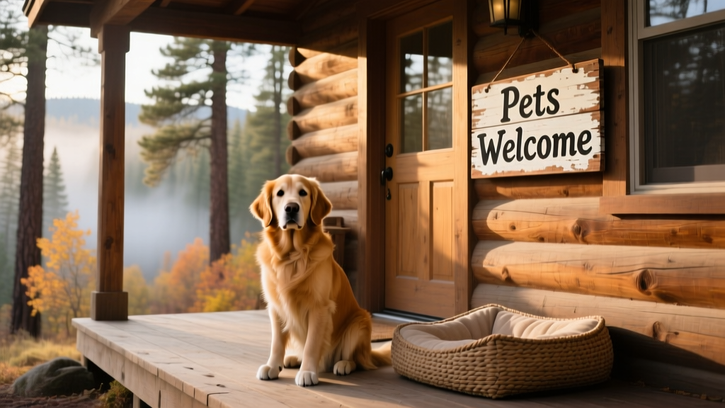 A wooden cabin exterior in Flagstaff forest setting with a dog sitting on the porch and a 'Pets Welcome' sign mounted beside the door