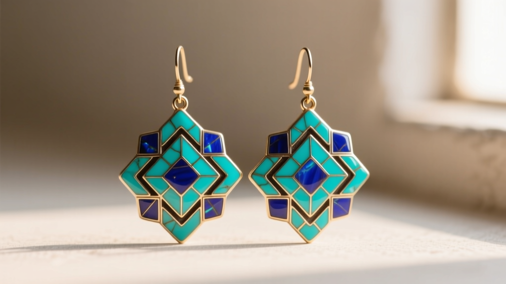 Vibrant Aguascalientes enamel Mexican vintage earrings featuring champlevé technique with turquoise and lapis lazuli inlays