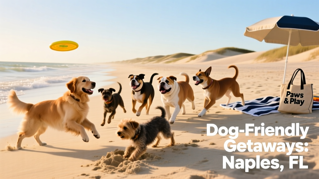 Group of dogs playing together on a sunny, open stretch of beach with gentle waves and dunes in the distance