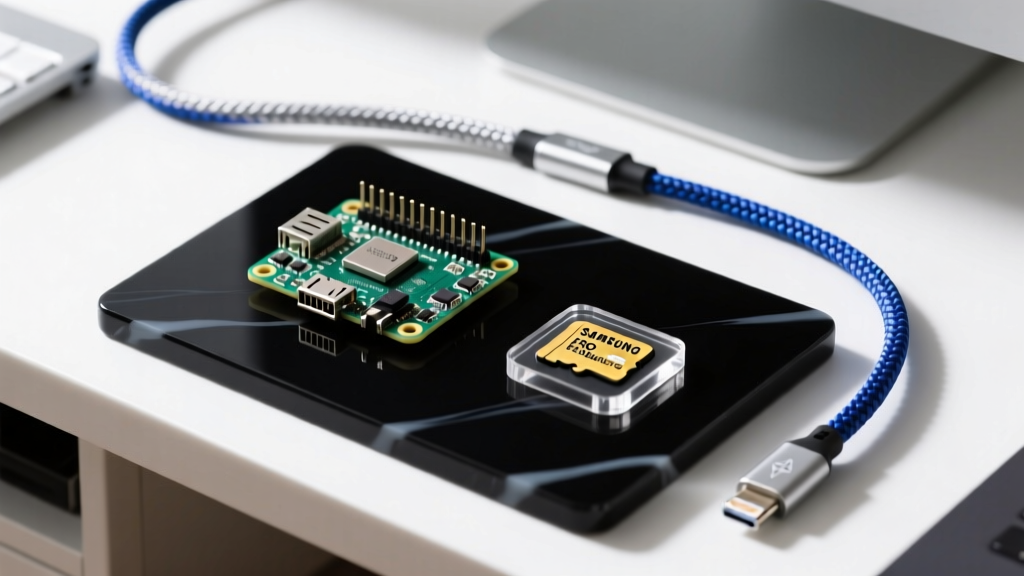 Top-down view of a homelab workbench showing a Pi Zero W2, a Samsung PRO Endurance microSD card, and a braided USB-C data cable.