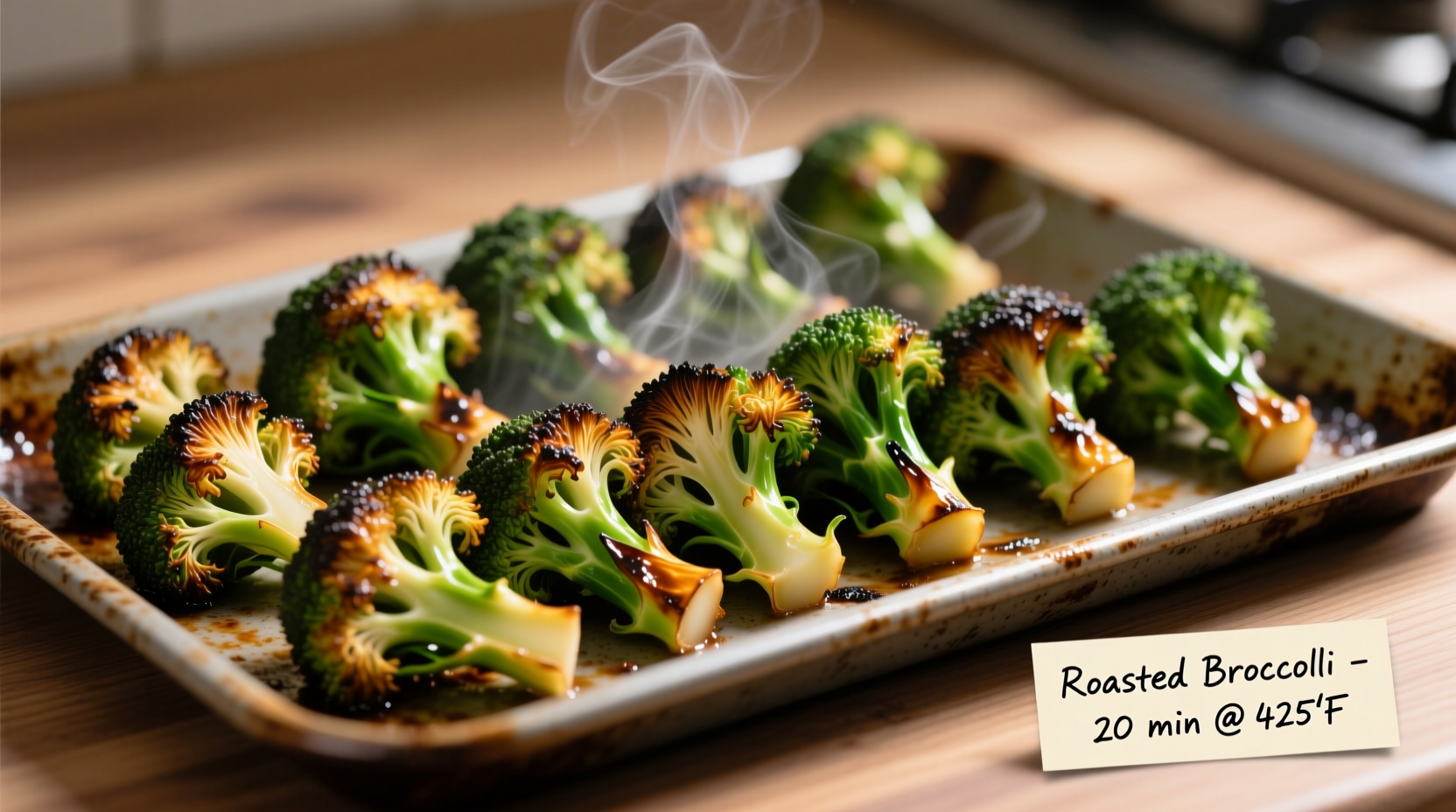 Perfectly roasted broccoli florets on baking sheet