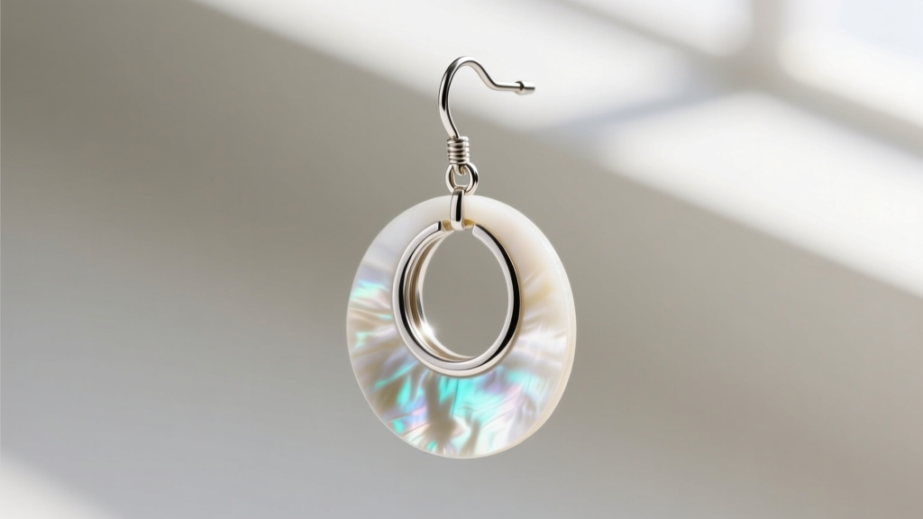 Loupe view of a white abalone dangle earring, showing seamless epoxy inlay technique and a secure 20-gauge titanium post backing.