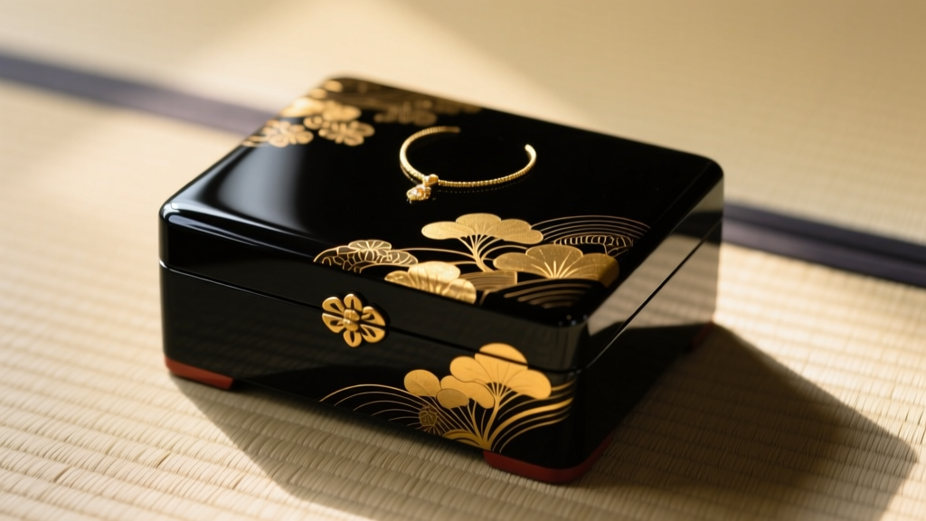 Japanese vintage jewelry box with dark Urushi lacquer and gold maki-e motifs, resting on a tatami mat in warm, diffused light.