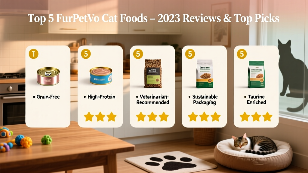 Side-by-side comparison chart showing top 5 FurPetVo cat food products with icons for wet/dry format, key benefits, and rating scores