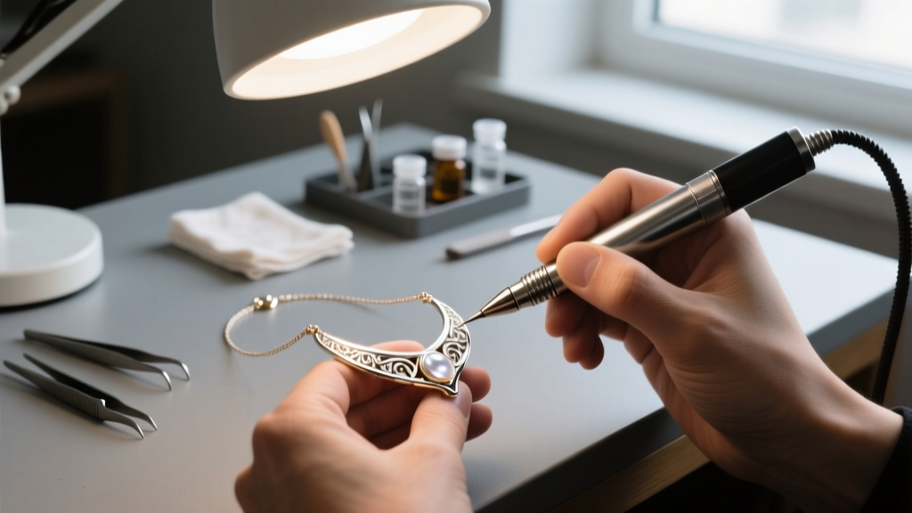 Jeweler applying rhodium plating to a white gold necklace clasp using a specialized pen under a bright magnifying desk lamp.