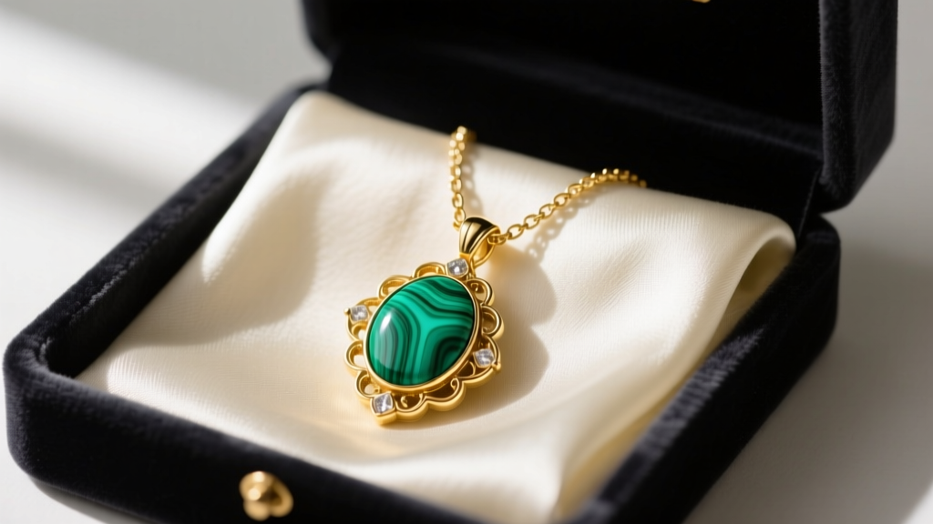 Gold VCA Vintage Alhambra pendant with vibrant green malachite on an ivory silk scarf inside a dark velvet box.