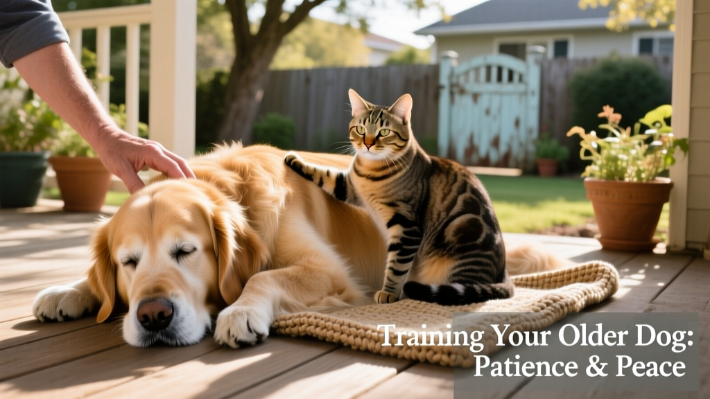 Older dog calmly resting near a cat while both are under gentle supervision
