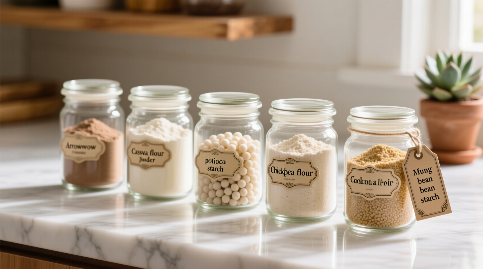 Various starch alternatives in glass containers