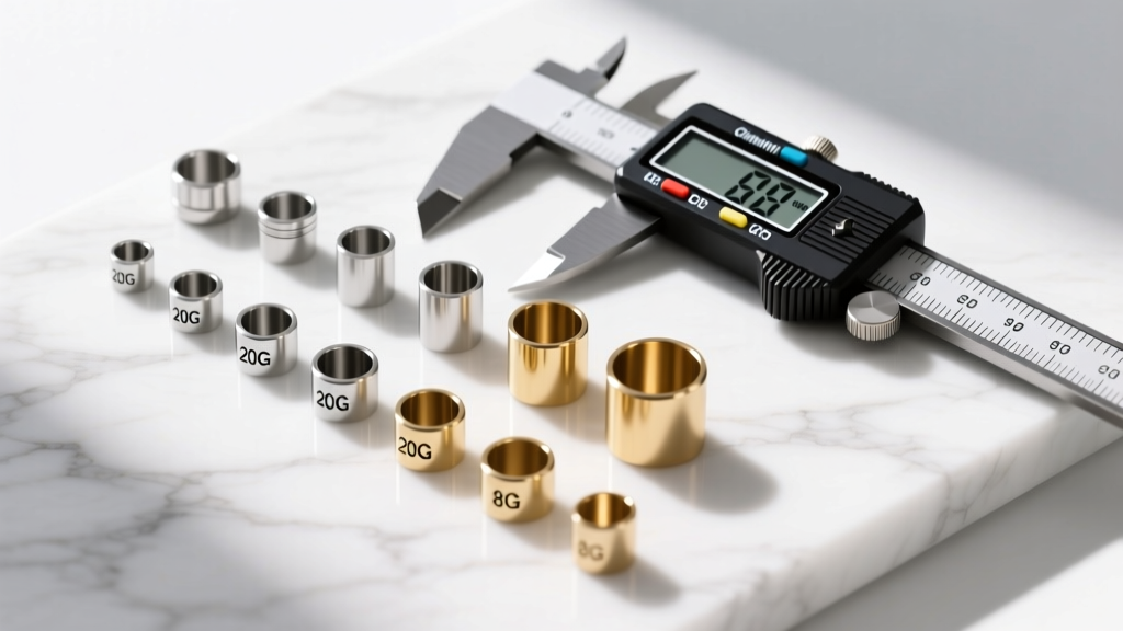 Flat-lay of various earring gauges from 20G to 8G arranged on a white marble surface next to a digital caliper measuring tool.