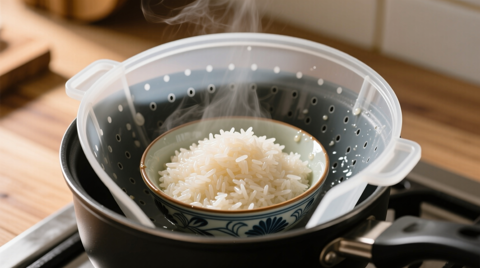make sticky thai rice with a spatter guard and bowl