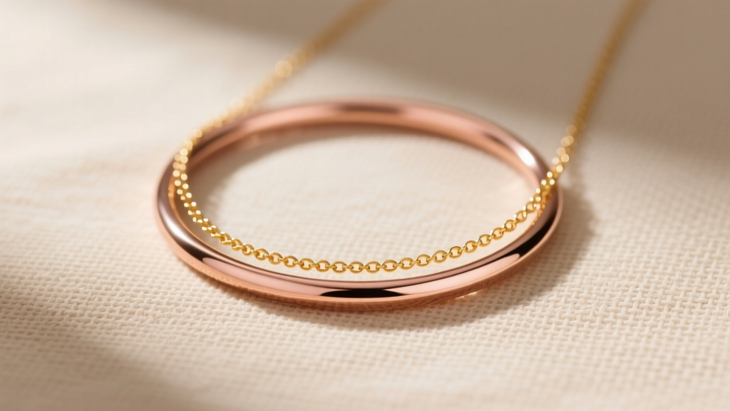 Flat lay of a rose gold sensory chew necklace layered with a delicate gold chain on a textured beige linen fabric background.