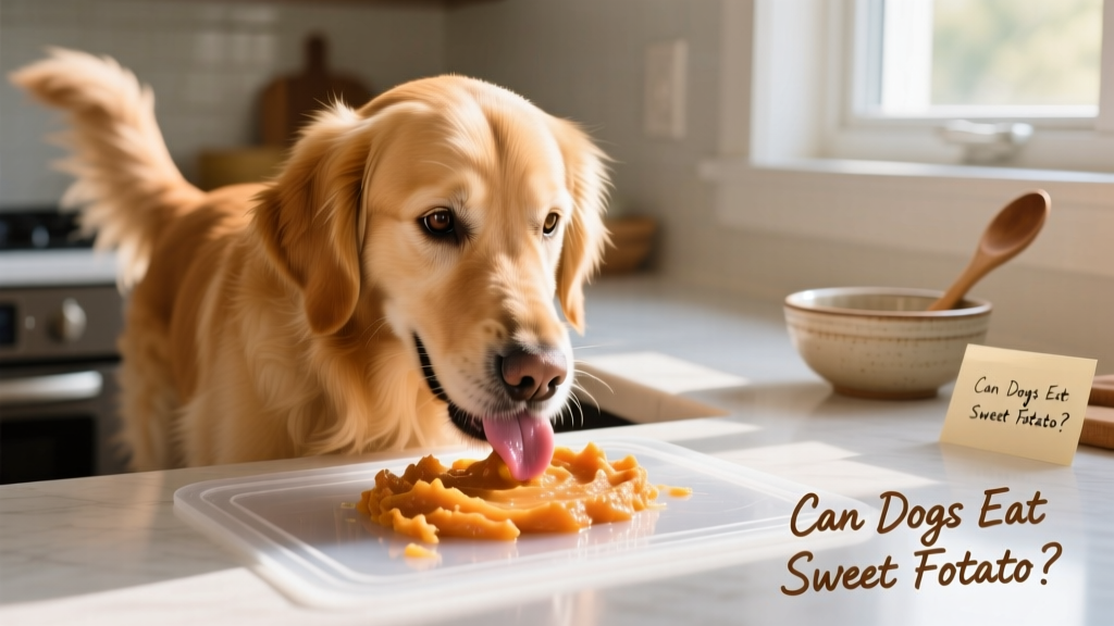 A golden retriever happily licking mashed sweet potato off a silicone lick mat