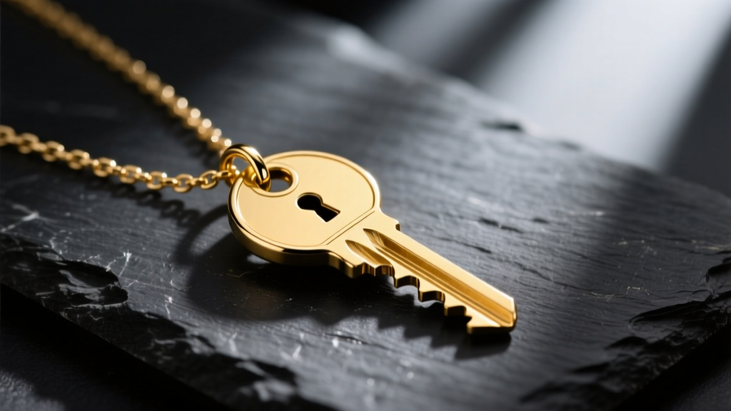 Close-up macro photography of a solid 14k yellow gold lock and key necklace resting on dark slate, highlighting intricate key teeth.