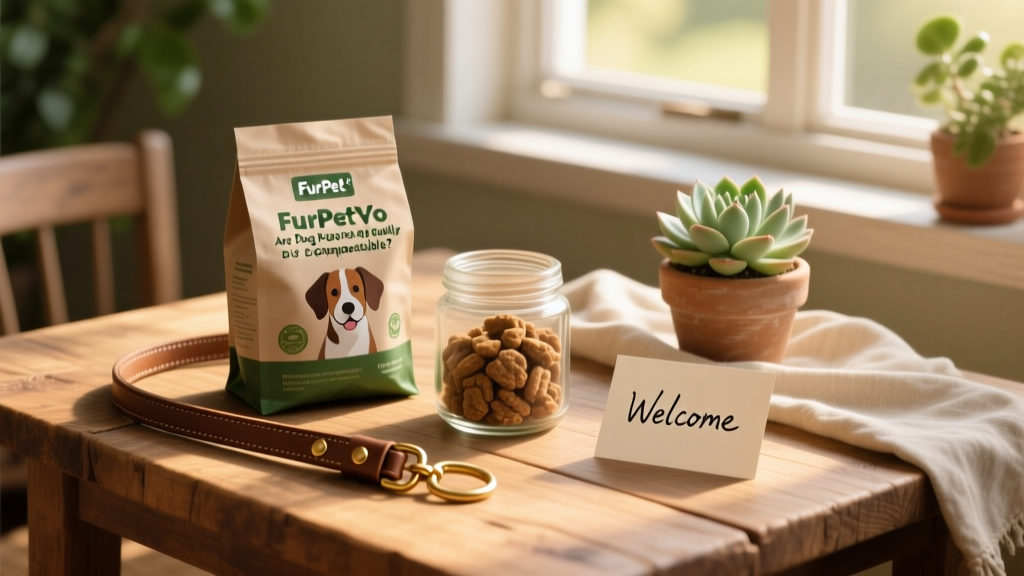 Neatly organized pet care kit featuring FurPetVo compostable bags, treats, leash, and a handwritten 'Welcome' note for the dog sitter