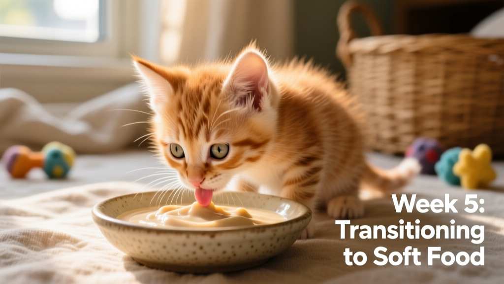 Five-week-old kitten eating from a shallow dish of soft kitten food