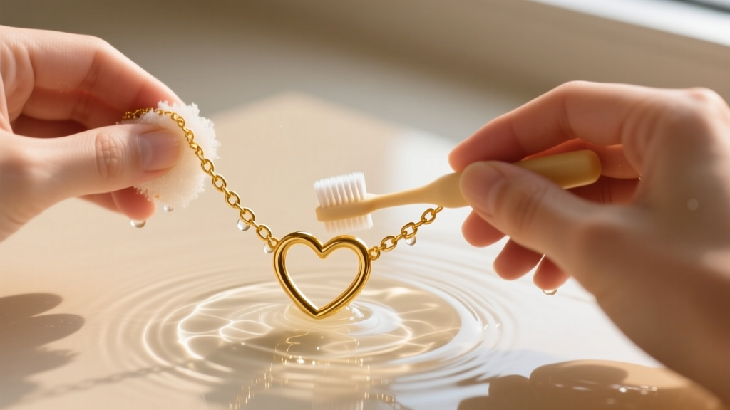 Hands gently scrubbing a delicate gold heart chain necklace with a soft baby toothbrush in warm soapy distilled water.