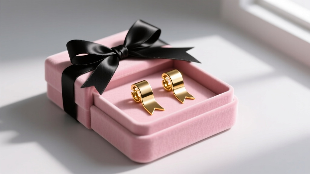 Flat lay of gold-tone Kate Spade ribbon earrings resting inside a signature blush pink jewelry box with a black satin ribbon bow
