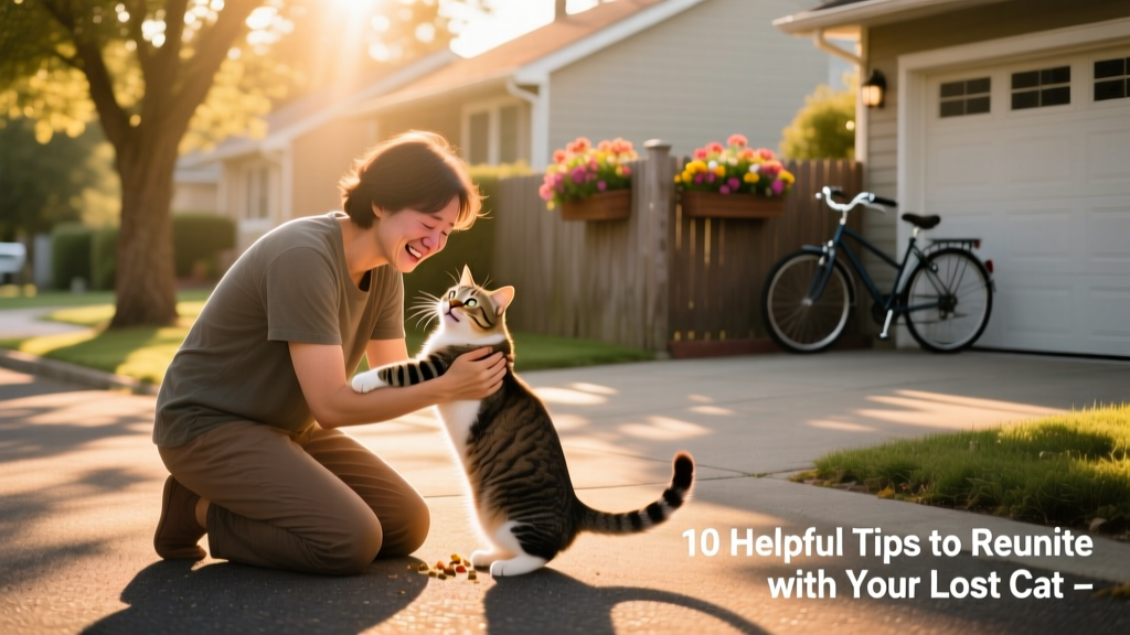 A joyful reunion: a person kneeling to gently scoop up their cat in a sunlit driveway, both clearly relieved and happy