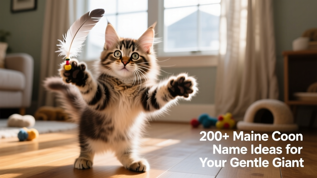 A playful Maine Coon kitten gently batting at a feather toy, highlighting its expressive face and tufted paws