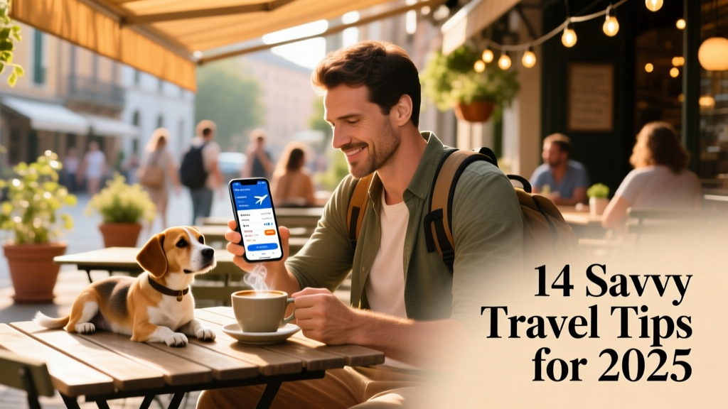 A traveler checking flight prices on a smartphone while sipping coffee at a sunny café
