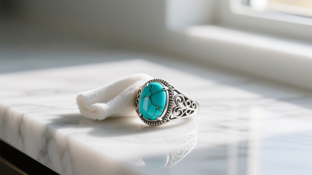 Close-up of silver turquoise ring wiped gently with a damp cloth, avoiding the porous stone, resting on a white marble countertop.