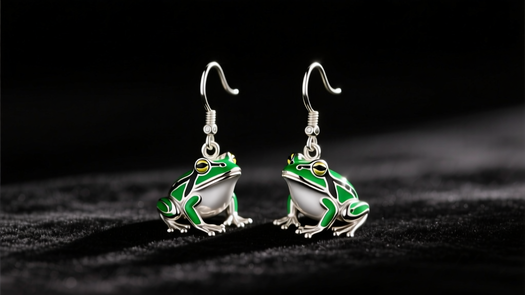 Silver frog dangle earrings with green enamel and 20-gauge leverbacks on dark velvet under warm, diffused studio lighting.