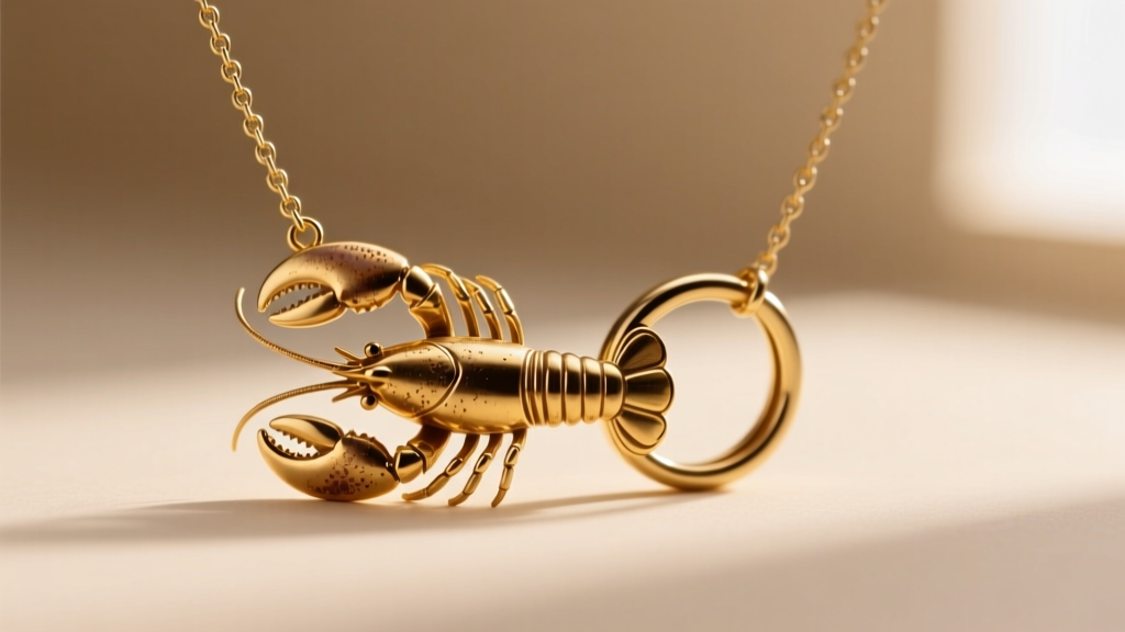 Extreme close-up of a gold lobster clasp and jump ring on a necklace, revealing the tiny spring mechanism and brass base.
