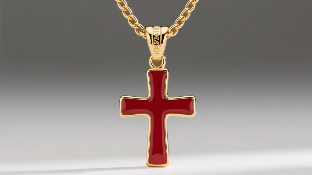 Detailed view of a 1.5mm solid 14k gold box chain attached to a red enamel cross pendant, focusing on a secure lobster claw clasp.