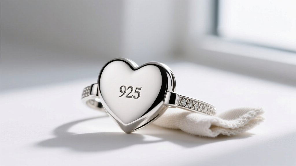 Macro shot of a sterling silver heart necklace clasp showing the stamped 925 hallmark beside a small microfiber polishing cloth