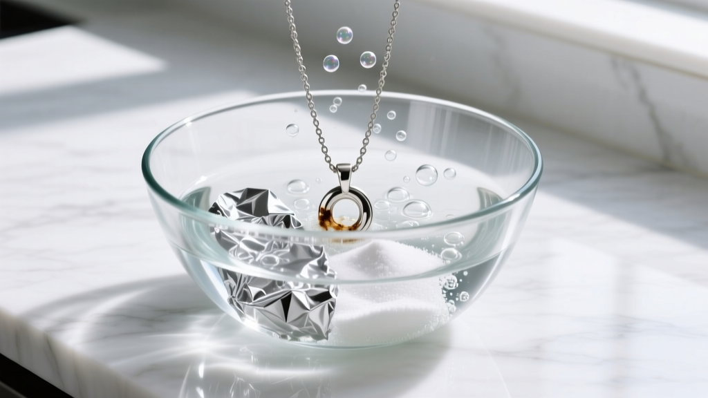 Tarnished silver necklace submerged in a glass bowl with foil, hot water, and baking soda on a bright marble countertop