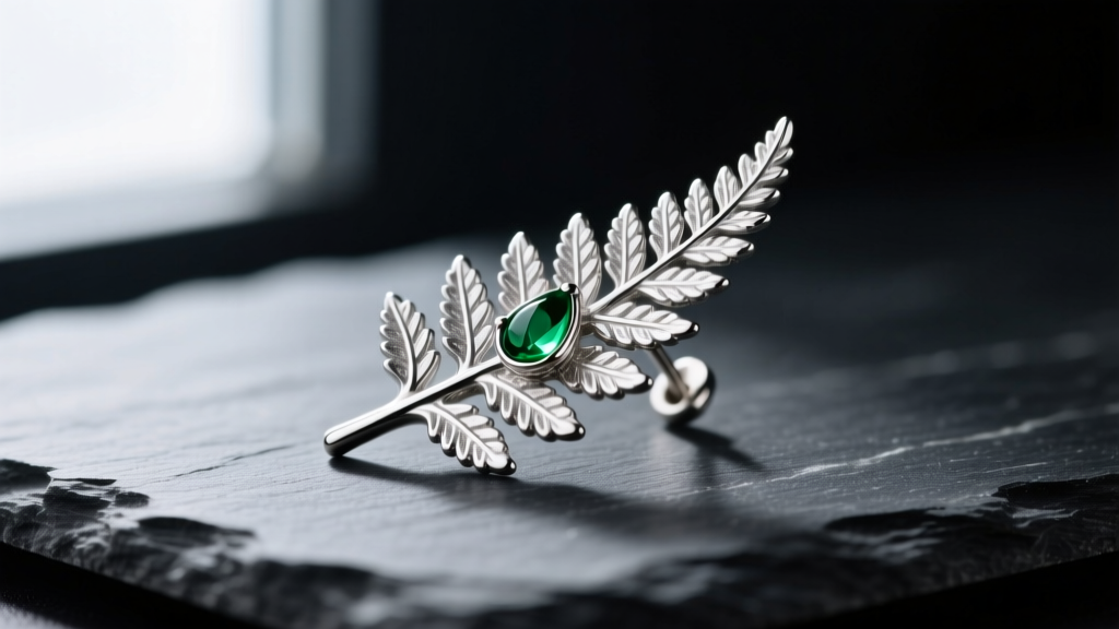 Macro shot of a Silver Forest botanical earring with a silver-plated fern leaf and emerald green enamel resting on dark slate.