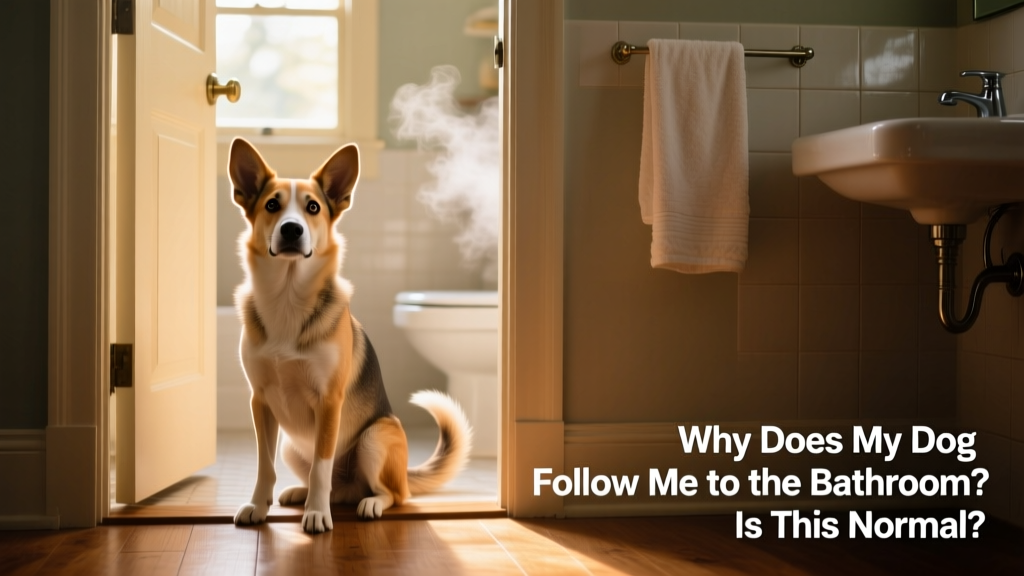 A curious dog sitting outside a slightly open bathroom door, head tilted attentively