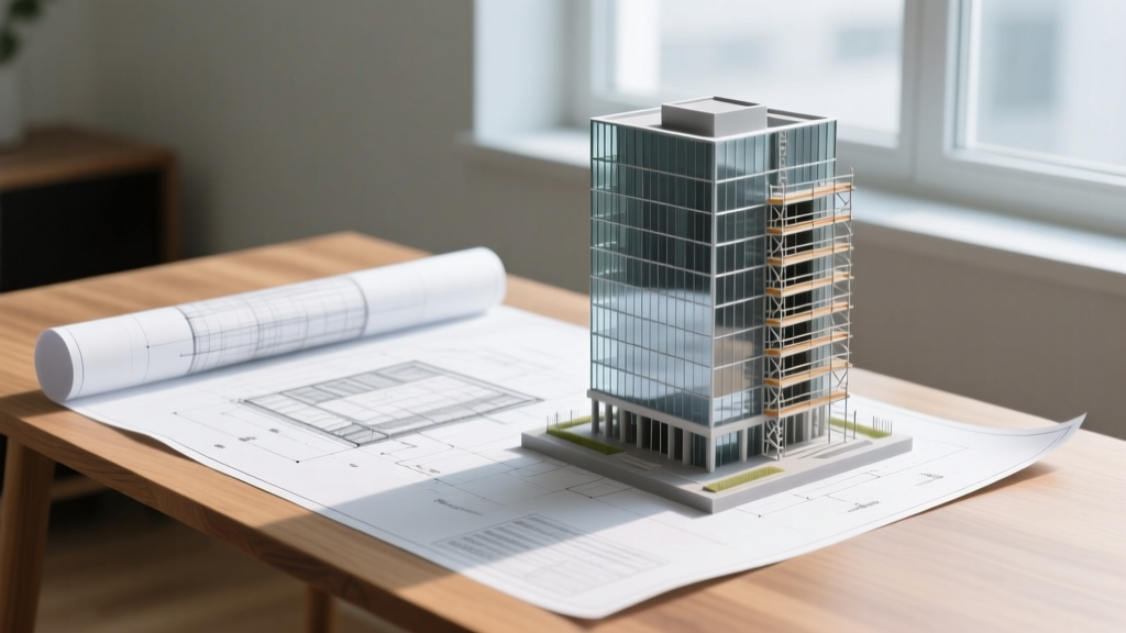 Blueprints spread on a desk next to a 3D printed model of a modern mid-rise glass and steel office building under active construction
