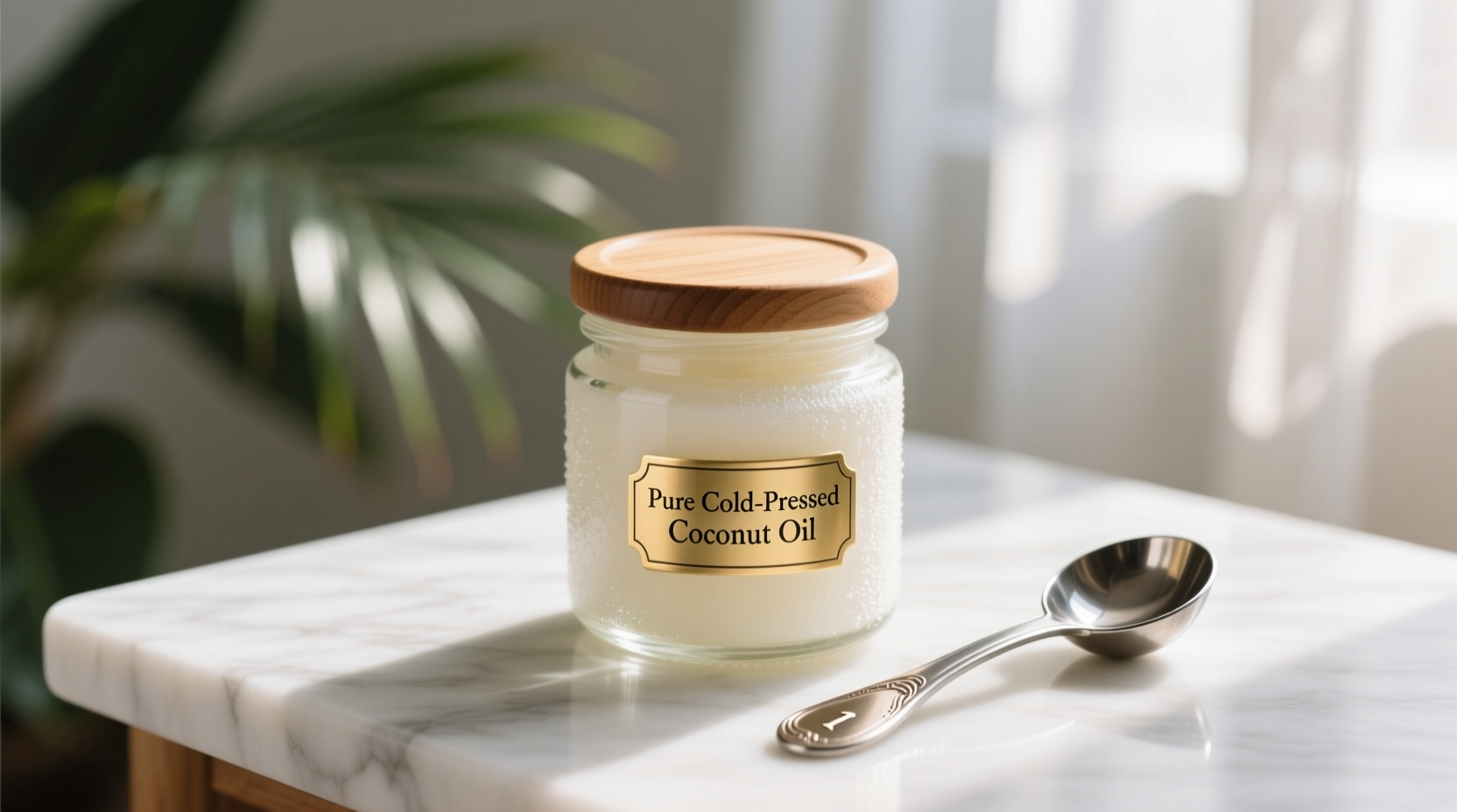 Coconut oil in glass jar with measuring spoon