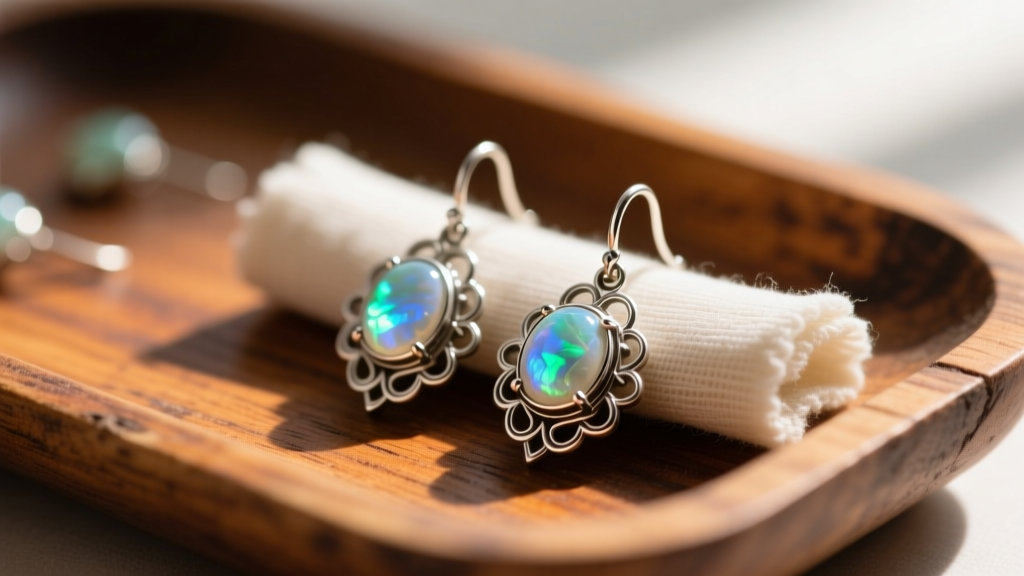 Microfiber cloth polishing intricate Talina drop earrings with moonstone cabochons resting on a rustic wooden jewelry tray